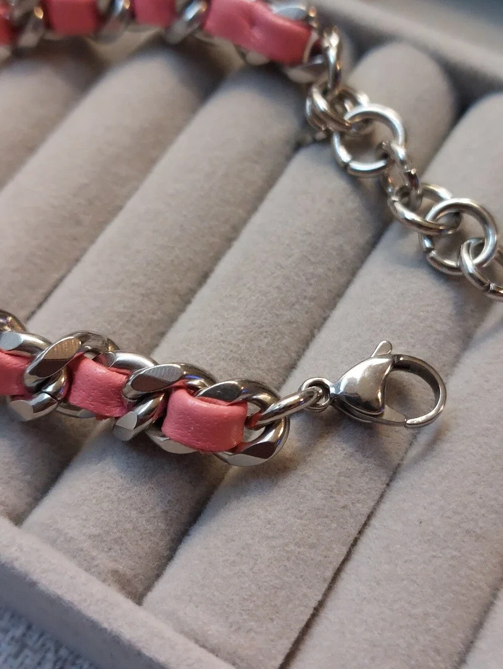 Stainless Steel Genuine Pink Leather Woven Chain Bracelet NEW